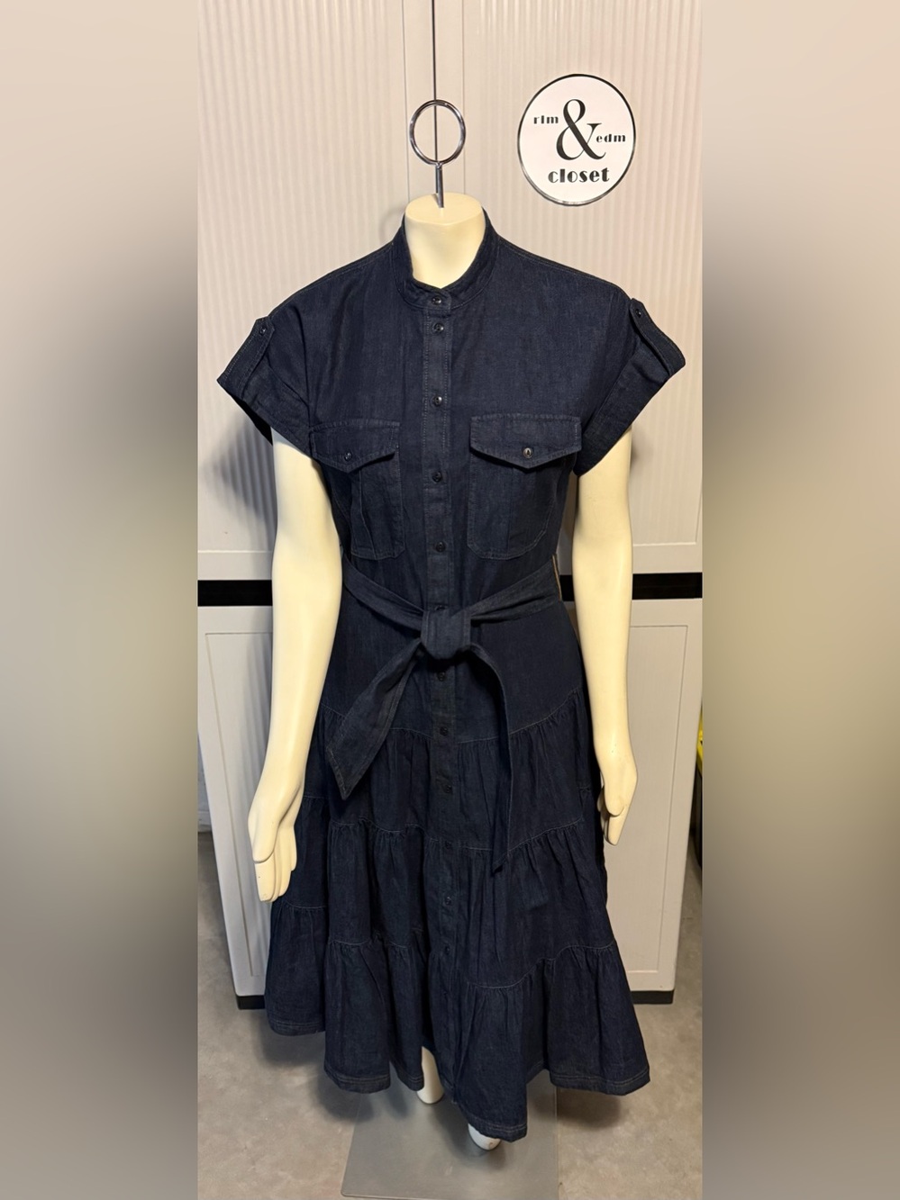 Lauren Ralph Lauren Denim Shirtwaist Flared Tiered Midi Dress - Dark Blue